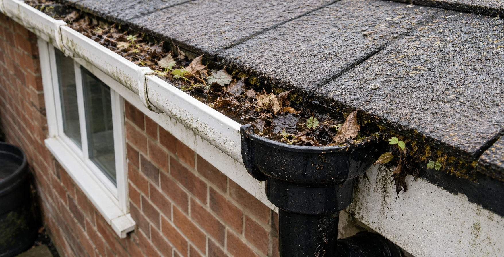 Before — Birmingham property with blocked gutters showing fascia staining, debris buildup, and visible overflow warning signs in summer